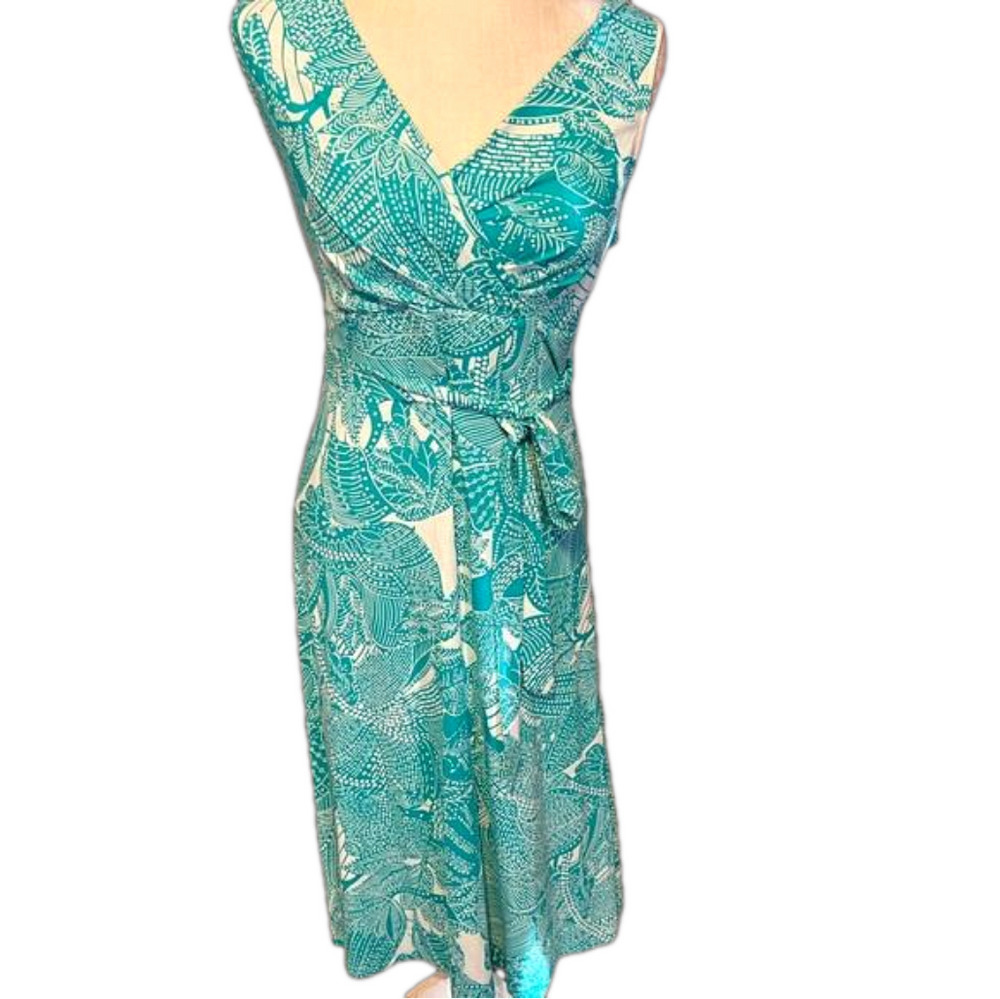 NWT Talbots Aqua Blue Floral Print Faux Wrap Sleeveless Dress Stretch Cotton S